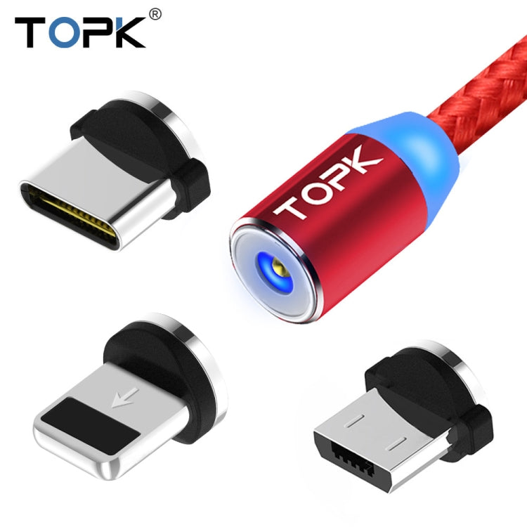 TOPK 2m 2.4A Max USB to 8 Pin + USB-C / Type-C + Micro USB Nylon Braided Magnetic Charging Cable with LED Indicator(Red) - Charging Cable & Head by TOPK | Online Shopping UK | buy2fix