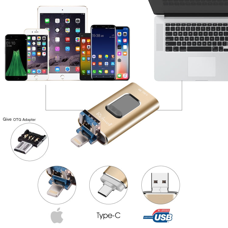 Richwell 3 in 1 32G Type-C + 8 Pin + USB 3.0 Metal Push-pull Flash Disk with OTG Function(Rose Gold) - U Disk & Card Reader by Richwell | Online Shopping UK | buy2fix