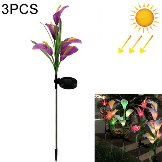 3PCS Simulated Calla Lily Flower 5 Heads Solar Powered Outdoor IP65 Waterproof LED Decorative Lawn Lamp, Colorful Light(Purple) - Solar Lights by buy2fix | Online Shopping UK | buy2fix