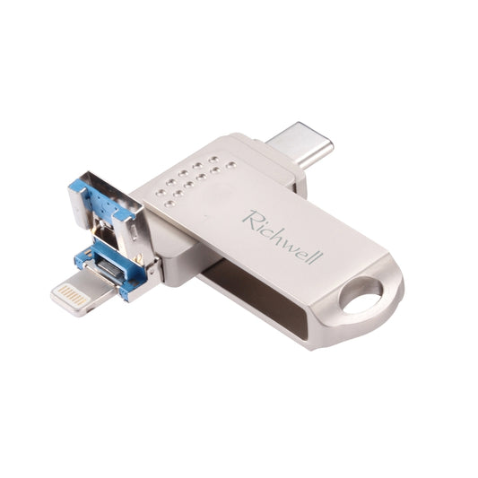 Richwell 128G Type-C + 8 Pin + USB 3.0 Metal Flash Disk with OTG Function(Silver) - U Disk & Card Reader by Richwell | Online Shopping UK | buy2fix