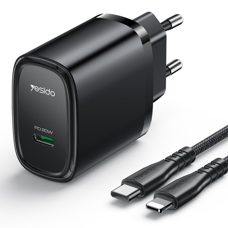 Yesido YC57BL PD 20W USB-C / Type-C Port Quick Charger with Type-C to 8 Pin Cable, EU Plug (Black) - USB Charger by Yesido | Online Shopping UK | buy2fix