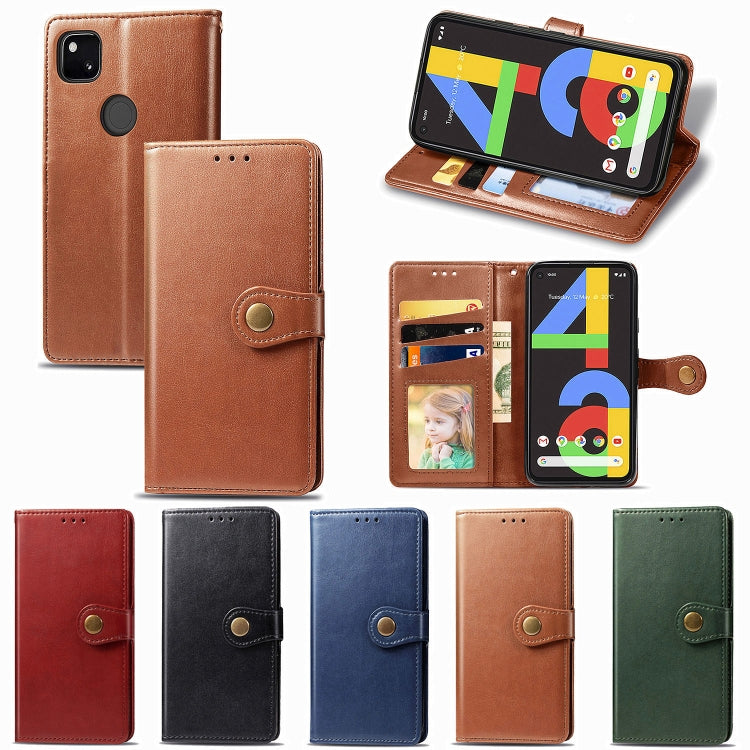 For Google Pixel 4A Retro Solid Color Leather Buckle Phone Case with Lanyard & Photo Frame & Card Slot & Wallet & Stand Function(Brown) - Google Cases by buy2fix | Online Shopping UK | buy2fix