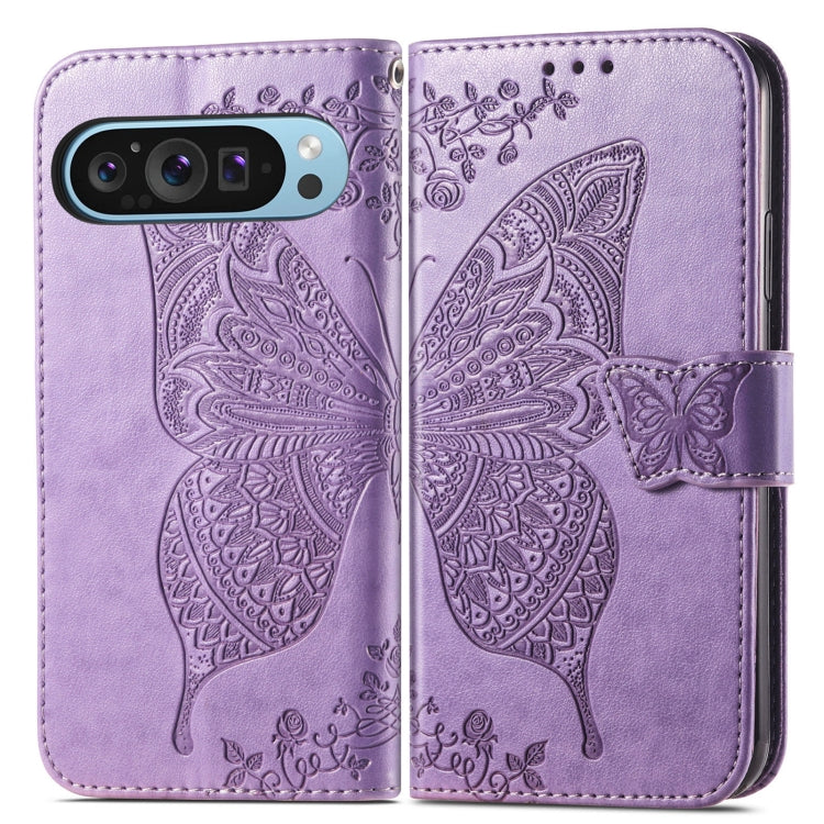 For Google Pixel 9 Butterfly Love Flower Embossed Leather Phone Case(Light Purple) - Google Cases by buy2fix | Online Shopping UK | buy2fix