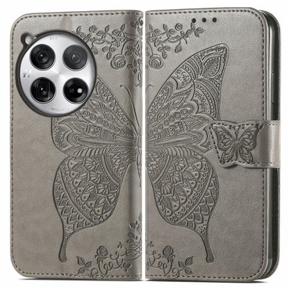 For OnePlus 12 Butterfly Love Flower Embossed Leather Phone Case(Gray) - OnePlus Cases by buy2fix | Online Shopping UK | buy2fix