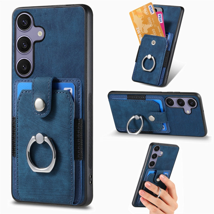 For Samsung Galaxy S25 Ultra 5G Retro Skin-feel Ring Card Wallet Phone Case(Blue) - Galaxy S25 Ultra 5G Cases by buy2fix | Online Shopping UK | buy2fix