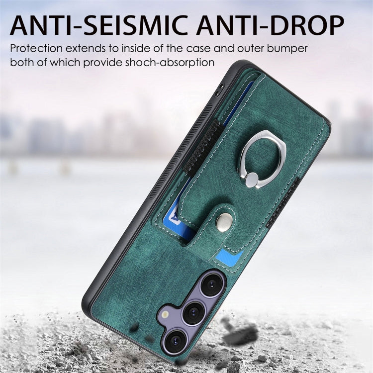 For Samsung Galaxy S25 Ultra 5G Retro Skin-feel Ring Card Wallet Phone Case(Green) - Galaxy S25 Ultra 5G Cases by buy2fix | Online Shopping UK | buy2fix