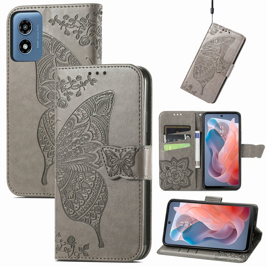 For Motorola Moto G  Play  2024 Butterfly Love Flower Embossed Leather Phone Case(Gray) - Motorola Cases by buy2fix | Online Shopping UK | buy2fix