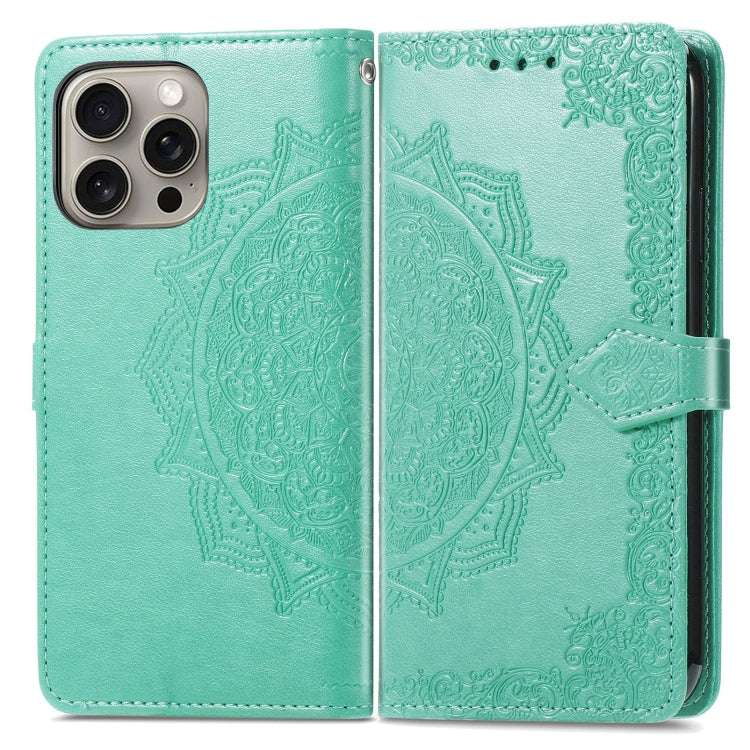 For iPhone 16 Pro Mandala Flower Embossed Leather Phone Case(Green) - iPhone 16 Pro Cases by buy2fix | Online Shopping UK | buy2fix