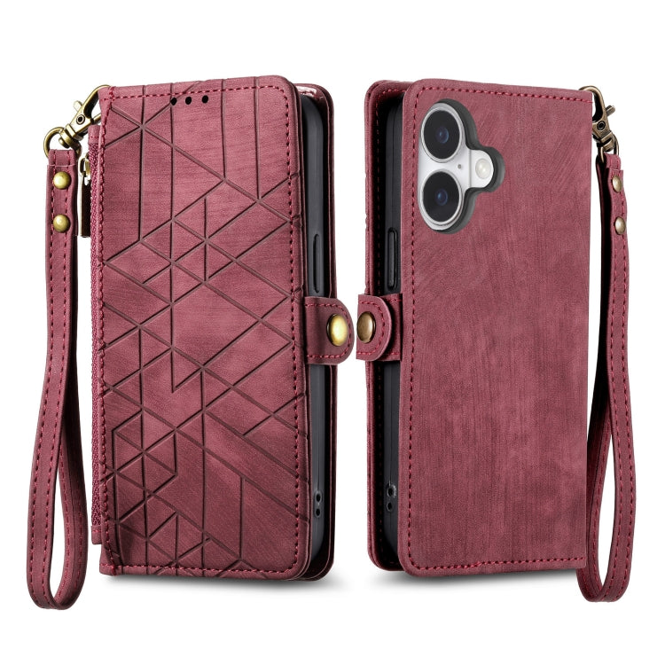 For iPhone 16 Geometric Zipper Wallet Side Buckle Leather Phone Case(Red) - iPhone 16 Cases by buy2fix | Online Shopping UK | buy2fix