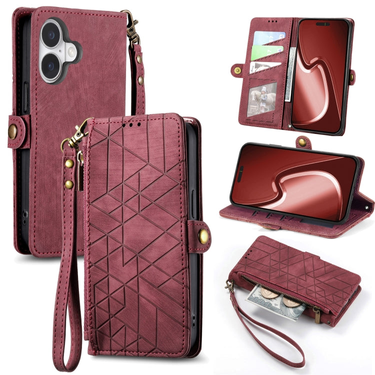 For iPhone 16 Plus Geometric Zipper Wallet Side Buckle Leather Phone Case(Red) - iPhone 16 Plus Cases by buy2fix | Online Shopping UK | buy2fix