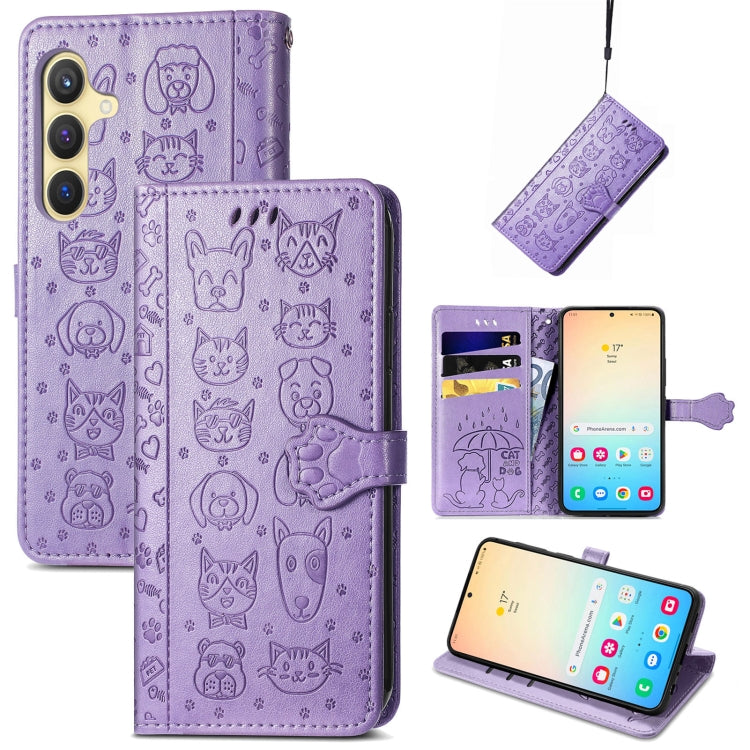 For Samsung Galaxy S25 Ultra 5G Cat and Dog Embossed Leather Phone Case(Purple) - Galaxy S25 Ultra 5G Cases by buy2fix | Online Shopping UK | buy2fix