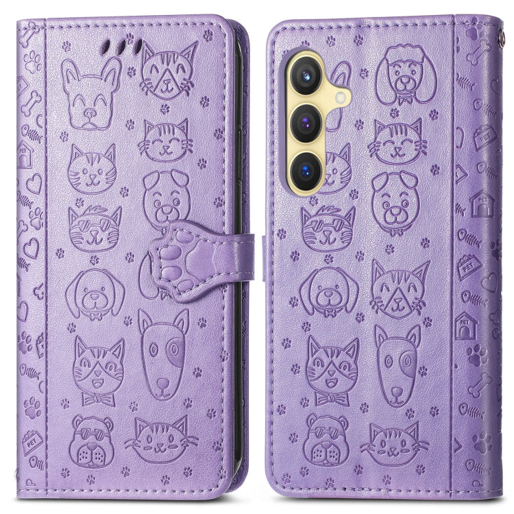 For Samsung Galaxy S25 Ultra 5G Cat and Dog Embossed Leather Phone Case(Purple) - Galaxy S25 Ultra 5G Cases by buy2fix | Online Shopping UK | buy2fix