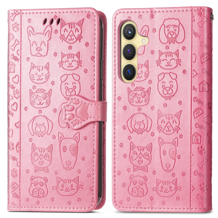 For Samsung Galaxy S25 Ultra 5G Cat and Dog Embossed Leather Phone Case(Pink) - Galaxy S25 Ultra 5G Cases by buy2fix | Online Shopping UK | buy2fix