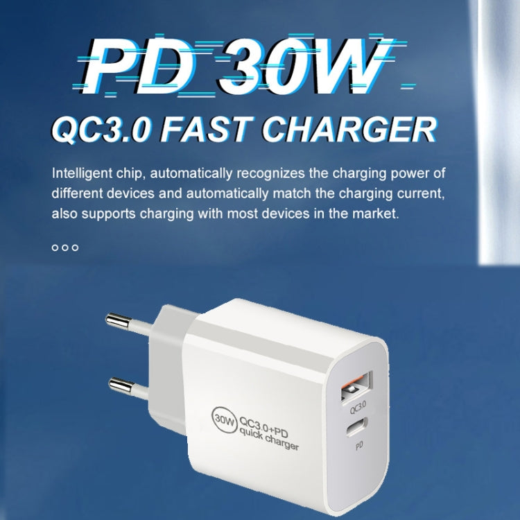 PD30W USB-C / Type-C + QC3.0 USB Dual Port Charger with 1m USB to Type-C Data Cable, EU Plug - USB Charger by buy2fix | Online Shopping UK | buy2fix