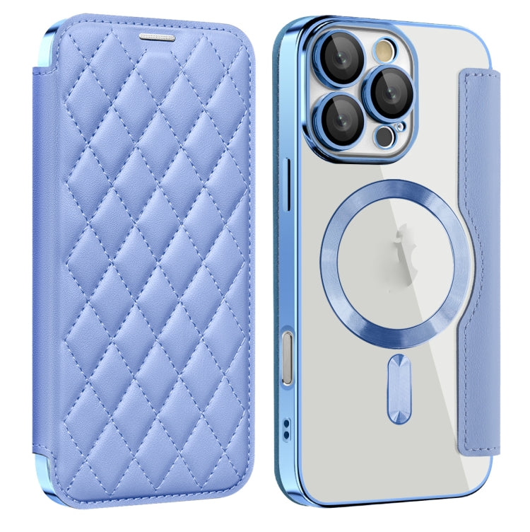 For iPhone 16 Pro Shield Magsafe RFID Anti-theft Rhombus Leather Phone Case(Blue) - iPhone 16 Pro Cases by buy2fix | Online Shopping UK | buy2fix