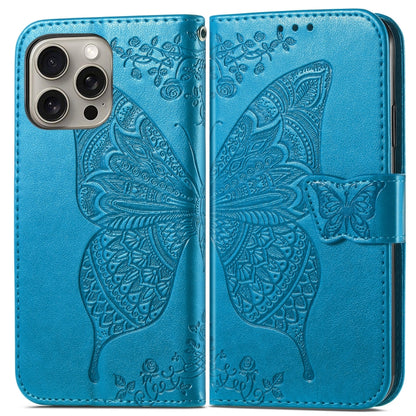 For iPhone 16 Pro Max Butterfly Love Flower Embossed Leather Phone Case(Blue) - iPhone 16 Pro Max Cases by buy2fix | Online Shopping UK | buy2fix