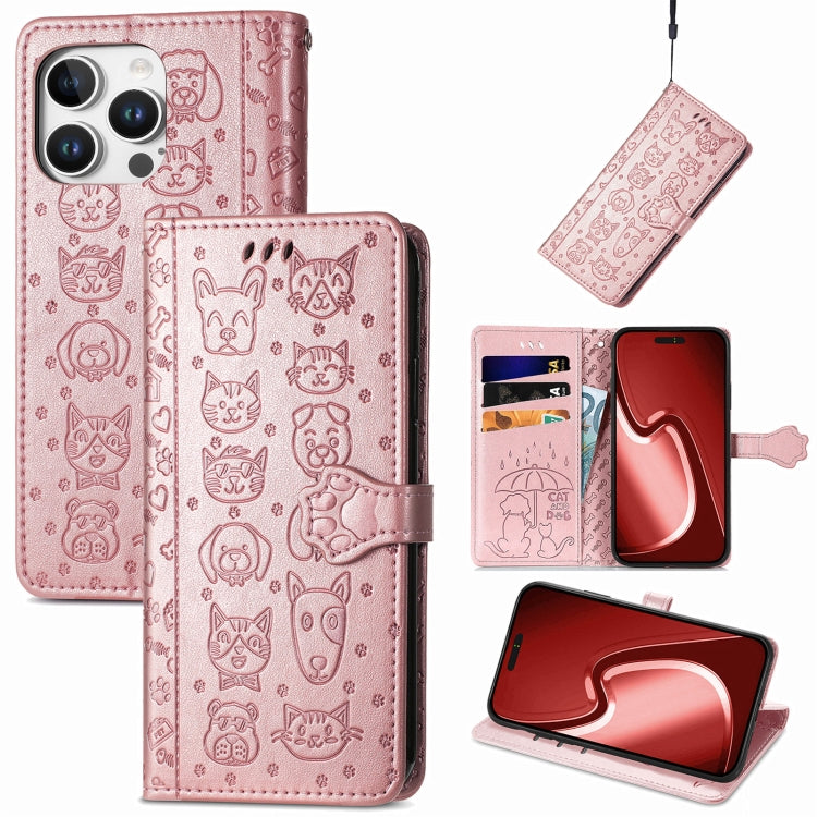 For iPhone 16 Pro Max Cat and Dog Embossed Leather Phone Case(Rose Gold) - iPhone 16 Pro Max Cases by buy2fix | Online Shopping UK | buy2fix