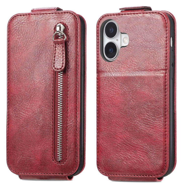 For iPhone 16 Zipper Wallet Vertical Flip Leather Phone Case(Red) - iPhone 16 Cases by buy2fix | Online Shopping UK | buy2fix