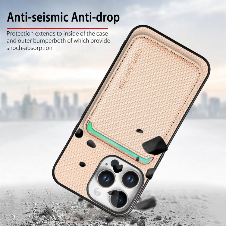 For iPhone 16 Pro Max Carbon Fiber Leather Card Magsafe Phone Case(Khaki) - iPhone 16 Pro Max Cases by buy2fix | Online Shopping UK | buy2fix