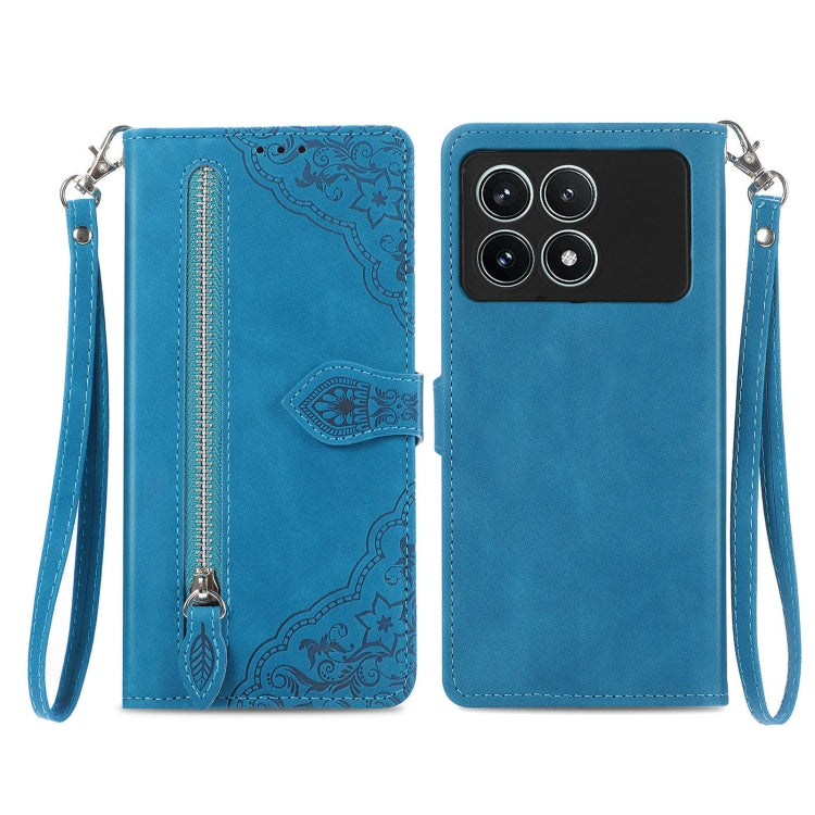 For Xiaomi Redmi K70 Pro Embossed Flower Zipper Leather Phone Case(Blue) - K70 Pro Cases by buy2fix | Online Shopping UK | buy2fix