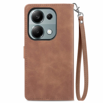 For Xiaomi Poco M6 Pro 4G Embossed Flower Zipper Leather Phone Case(Brown) - Xiaomi Cases by buy2fix | Online Shopping UK | buy2fix