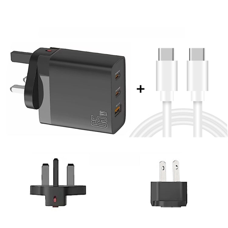 GAN 65W PD45W Dual Type-C / QC3.0 USB  Multi Compatible Charger + 2m USB-C to USB-C Data Cable UK + US Plug Black - Cable & Adapter by buy2fix | Online Shopping UK | buy2fix