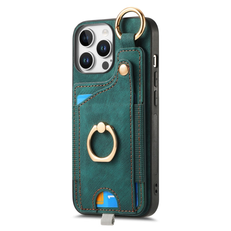 For iPhone 16 Pro Retro Skin-feel Ring Card Bag Phone Case with Hang Loop(Green) - iPhone 16 Pro Cases by buy2fix | Online Shopping UK | buy2fix