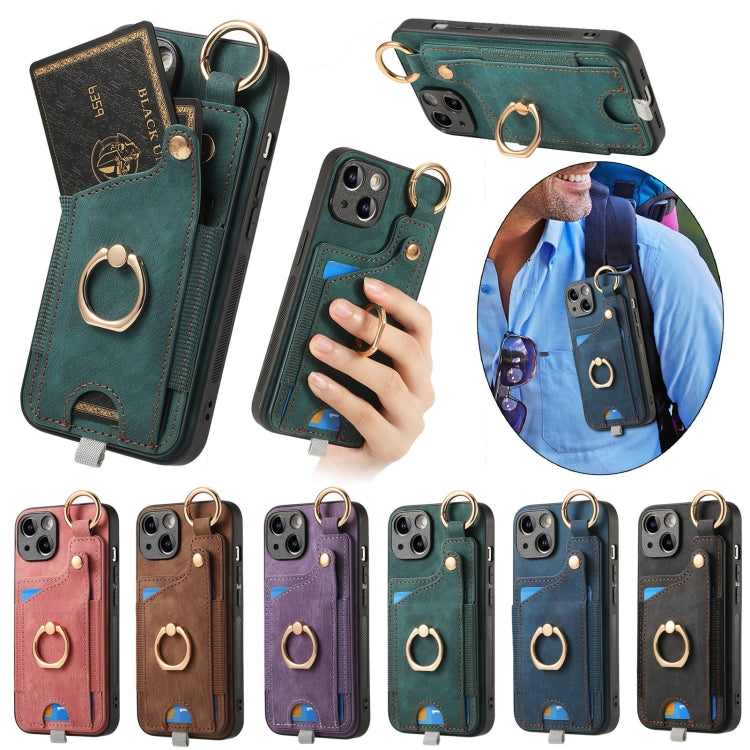 For iPhone 16 Pro Retro Skin-feel Ring Card Bag Phone Case with Hang Loop(Green) - iPhone 16 Pro Cases by buy2fix | Online Shopping UK | buy2fix