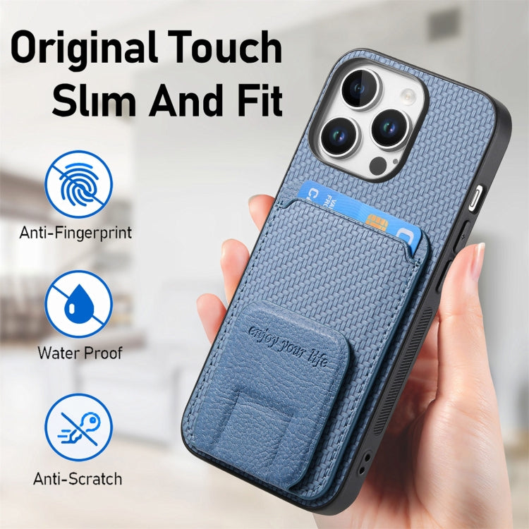 For iPhone 16 Pro Carbon Fiber Card Bag Fold Stand Phone Case(Blue) - iPhone 16 Pro Cases by buy2fix | Online Shopping UK | buy2fix