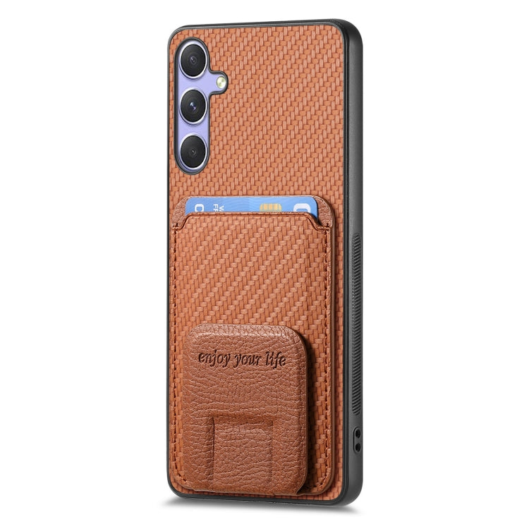 For Samsung Galaxy S25+ 5G Carbon Fiber Card Bag Fold Stand Phone Case(Brown) - Galaxy S25+ 5G Cases by buy2fix | Online Shopping UK | buy2fix