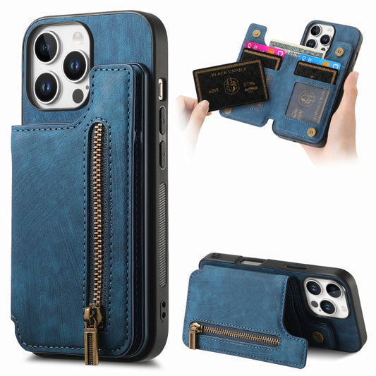 For iPhone 16 Pro Max Retro Leather Zipper Wallet Back Phone Case(Blue) - More iPhone Cases by buy2fix | Online Shopping UK | buy2fix