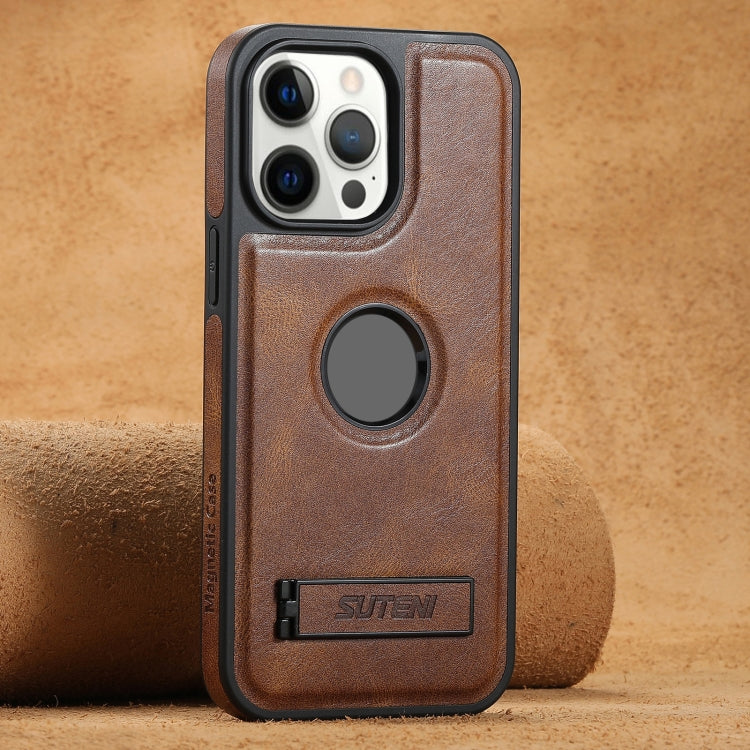 For iPhone 12 Pro Suteni G2 Magsafe Oil Wax Leather Back Phone Case with Holder(Brown) - iPhone 12 / 12 Pro Cases by Suteni | Online Shopping UK | buy2fix