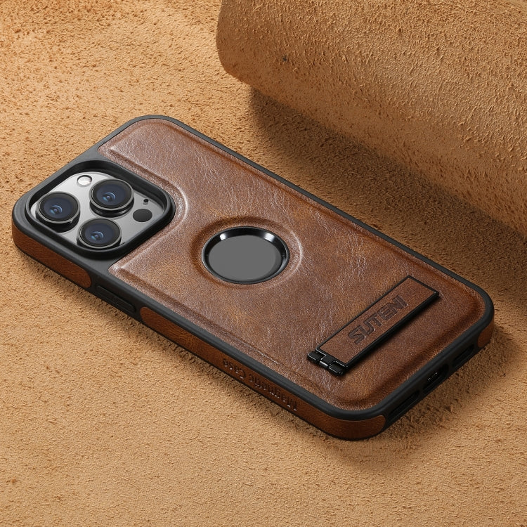 For iPhone 12 Pro Suteni G2 Magsafe Oil Wax Leather Back Phone Case with Holder(Brown) - iPhone 12 / 12 Pro Cases by Suteni | Online Shopping UK | buy2fix