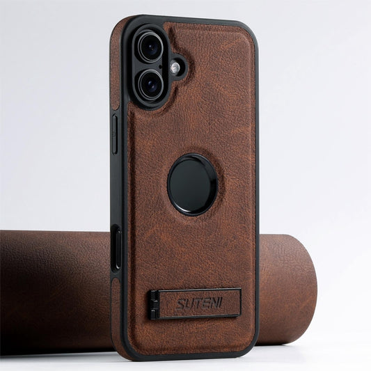 For iPhone 16 Plus Suteni G2 Magsafe Litchi Texture Leather Back Phone Case with Holder(Brown) - iPhone 16 Plus Cases by Suteni | Online Shopping UK | buy2fix