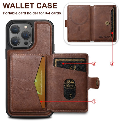 For iPhone 12  Suteni M1 Oil Wax MagSafe Detachable Horizontal Card Bag Phone Case(Brown) - iPhone 12 / 12 Pro Cases by Suteni | Online Shopping UK | buy2fix