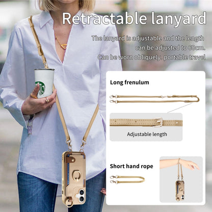 For iPhone 16 Fashion Ring Card Bag Phone Case with Hang Loop(Khaki) - iPhone 16 Cases by buy2fix | Online Shopping UK | buy2fix