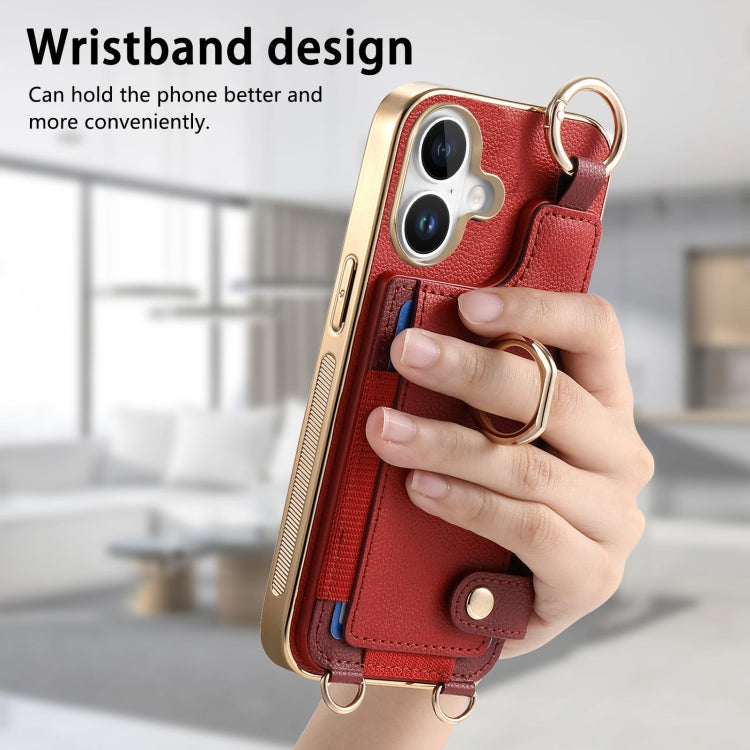 For iPhone 16 Fashion Ring Card Bag Phone Case with Hang Loop(Red) - iPhone 16 Cases by buy2fix | Online Shopping UK | buy2fix