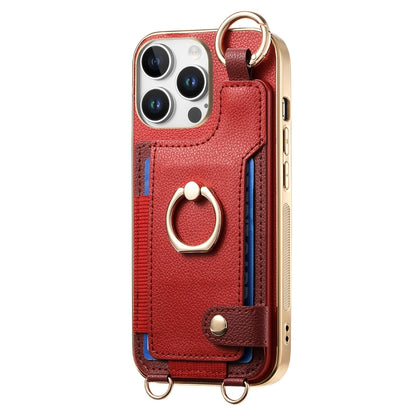 For iPhone 16 Pro Fashion Ring Card Bag Phone Case with Hang Loop(Red) - iPhone 16 Pro Cases by buy2fix | Online Shopping UK | buy2fix