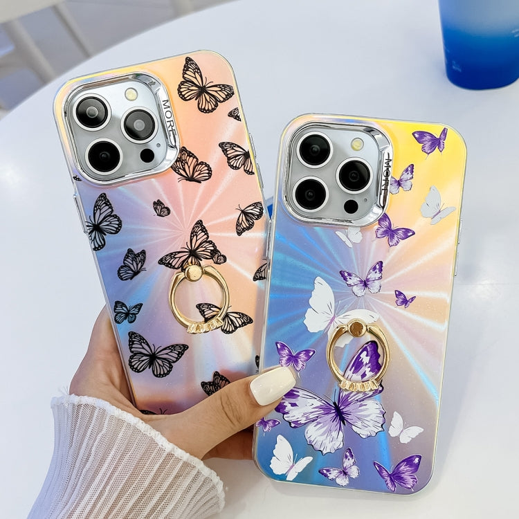 For iPhone 16 Pro Electroplating Laser Butterfly Ring Holder Phone Case(White Purple Butterflies AB6) - iPhone 16 Pro Cases by buy2fix | Online Shopping UK | buy2fix