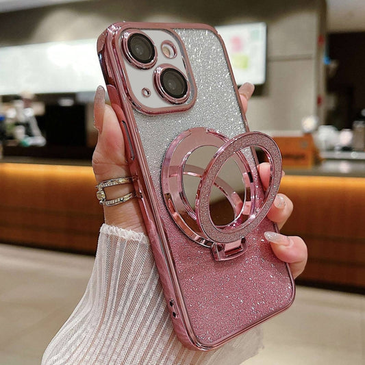 For iPhone 14 Plated Mirror Holder Gradient Glitter Magsafe Phone Case(Pink) - iPhone 14 Cases by buy2fix | Online Shopping UK | buy2fix