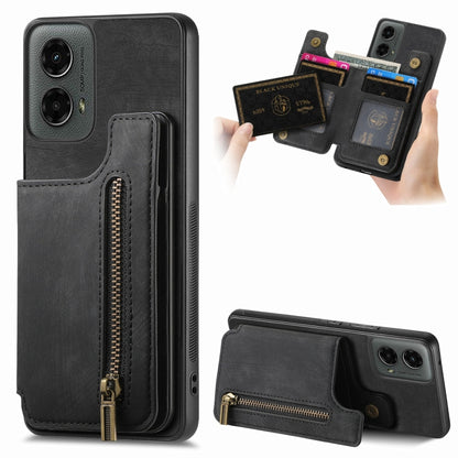 For Motorola Moto G 2024 Retro Leather Zipper Wallet Back Phone Case(Black) - Motorola Cases by buy2fix | Online Shopping UK | buy2fix