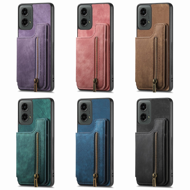 For Motorola Moto G 2024 Retro Leather Zipper Wallet Back Phone Case(Purple) - Motorola Cases by buy2fix | Online Shopping UK | buy2fix