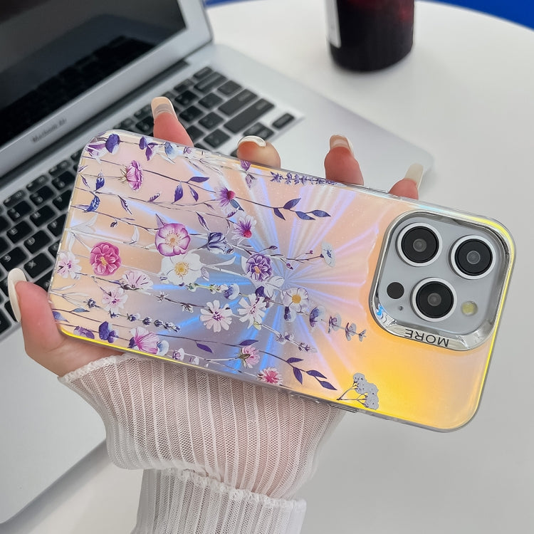 For iPhone 16 Electroplating Laser Flower Texture TPU Phone Case(Pink Flower AH13) - iPhone 16 Cases by buy2fix | Online Shopping UK | buy2fix