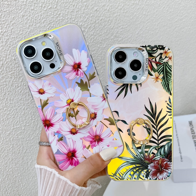 For iPhone 16 Pro Electroplating Laser Flower Ring Holder TPU Phone Case(Leaves AH12) - iPhone 16 Pro Cases by buy2fix | Online Shopping UK | buy2fix