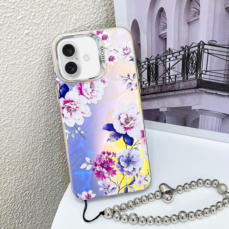 For iPhone 16 Plus Electroplating Laser Flower Phone Case with Wrist Strap(Peony AH11) - iPhone 16 Plus Cases by buy2fix | Online Shopping UK | buy2fix