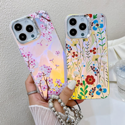 For iPhone 16 Electroplating Laser Flower Phone Case with Wrist Strap(Pear Blossom AH17) - iPhone 16 Cases by buy2fix | Online Shopping UK | buy2fix