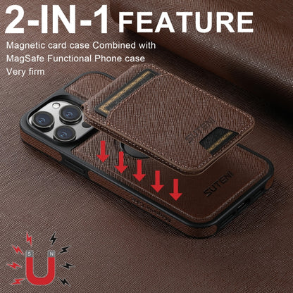 For iPhone 12 Suteni M2 Cross-Grain MagSafe Vertical Card Back Phone Case(Brown) - iPhone 12 / 12 Pro Cases by Suteni | Online Shopping UK | buy2fix