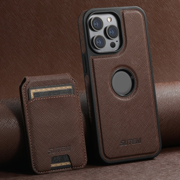 For iPhone 16 Pro Max Suteni M2 Cross-Grain MagSafe Vertical Card Back Phone Case(Brown) - iPhone 16 Pro Max Cases by Suteni | Online Shopping UK | buy2fix