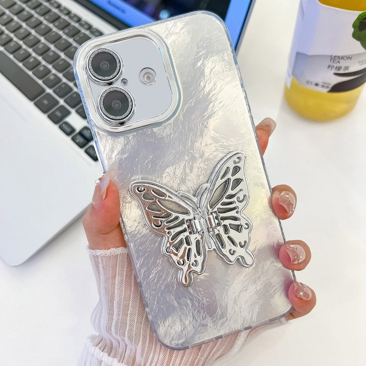 For iPhone 16 Plus Plating Glitter Texture Butterfly Holder TPU Phone Case with Lens Film(White Tinfoil Texture) - iPhone 16 Plus Cases by buy2fix | Online Shopping UK | buy2fix