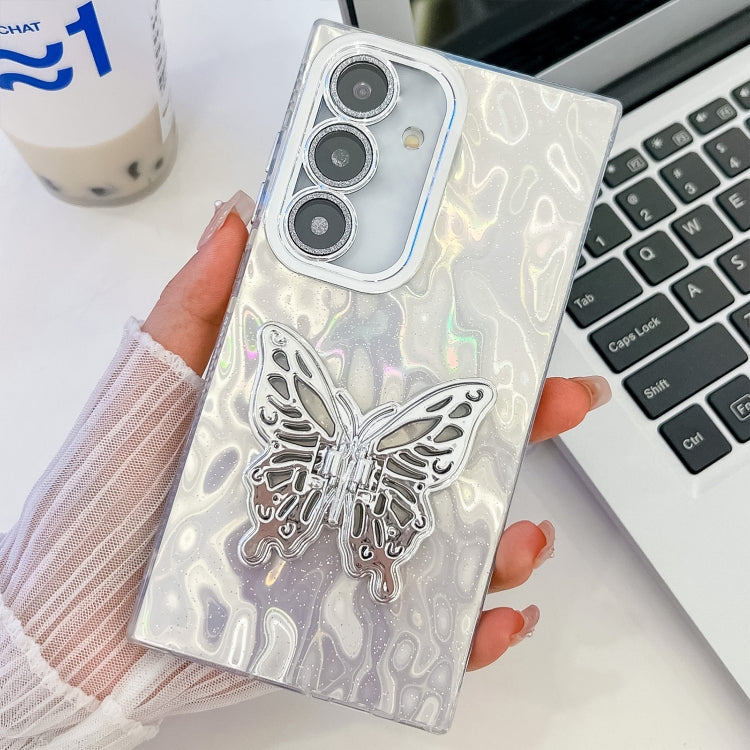 For Samsung Galaxy S25+ 5G Plating Glitter Texture Butterfly Holder TPU Phone Case with Lens Film(White Wrinkles) - Galaxy S25+ 5G Cases by buy2fix | Online Shopping UK | buy2fix